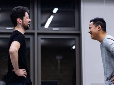 Two participants laughing in an Actor Refresh class